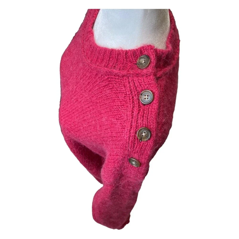 J.Crew Size M Alpaca Wool Raspberry Red Shoulder Button Fuzzy Pullover Sweater